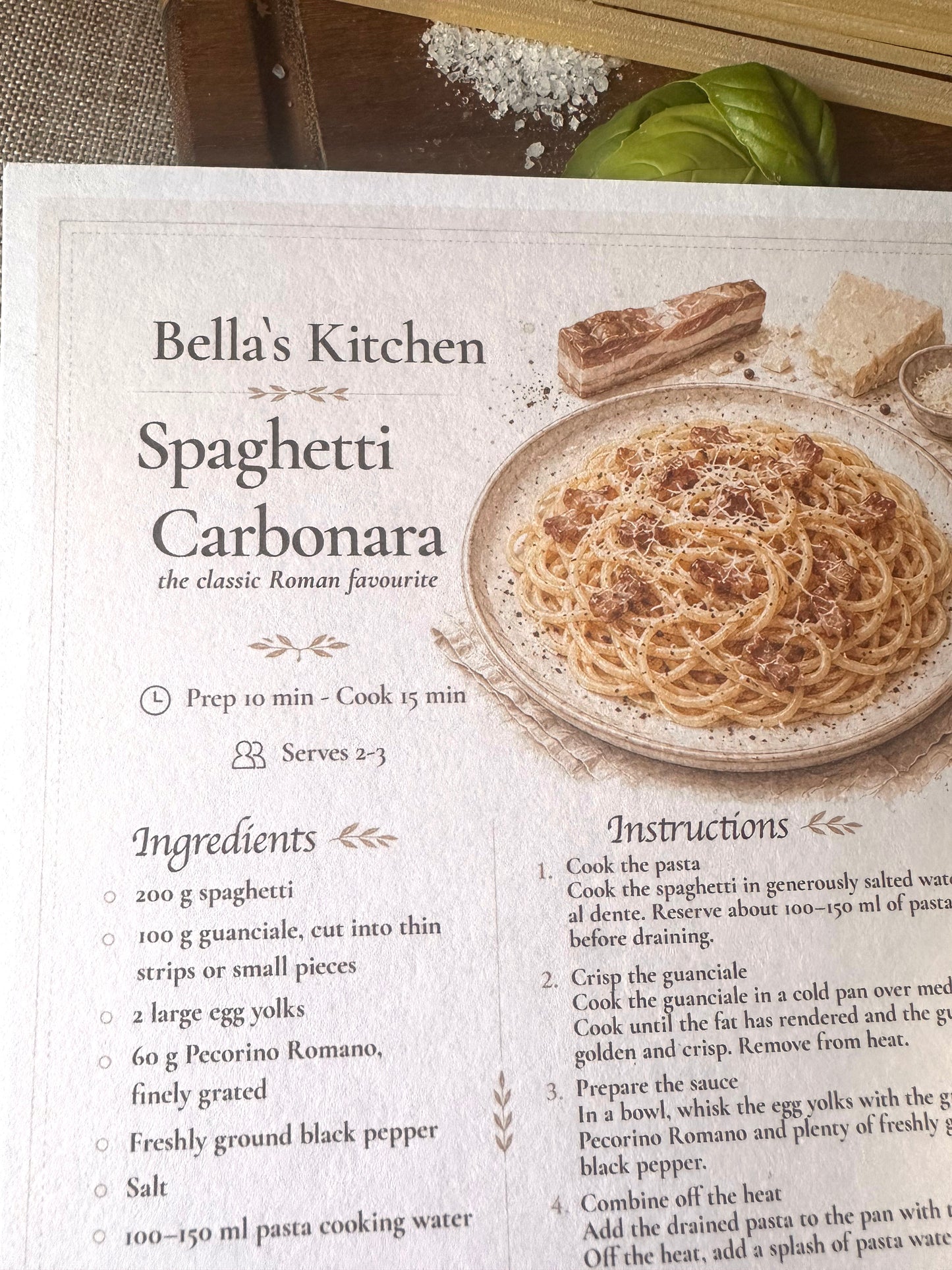 Spaghetti Carbonara Recipe Card A5 | Italian Pasta Recipe – Bella's Kitchen