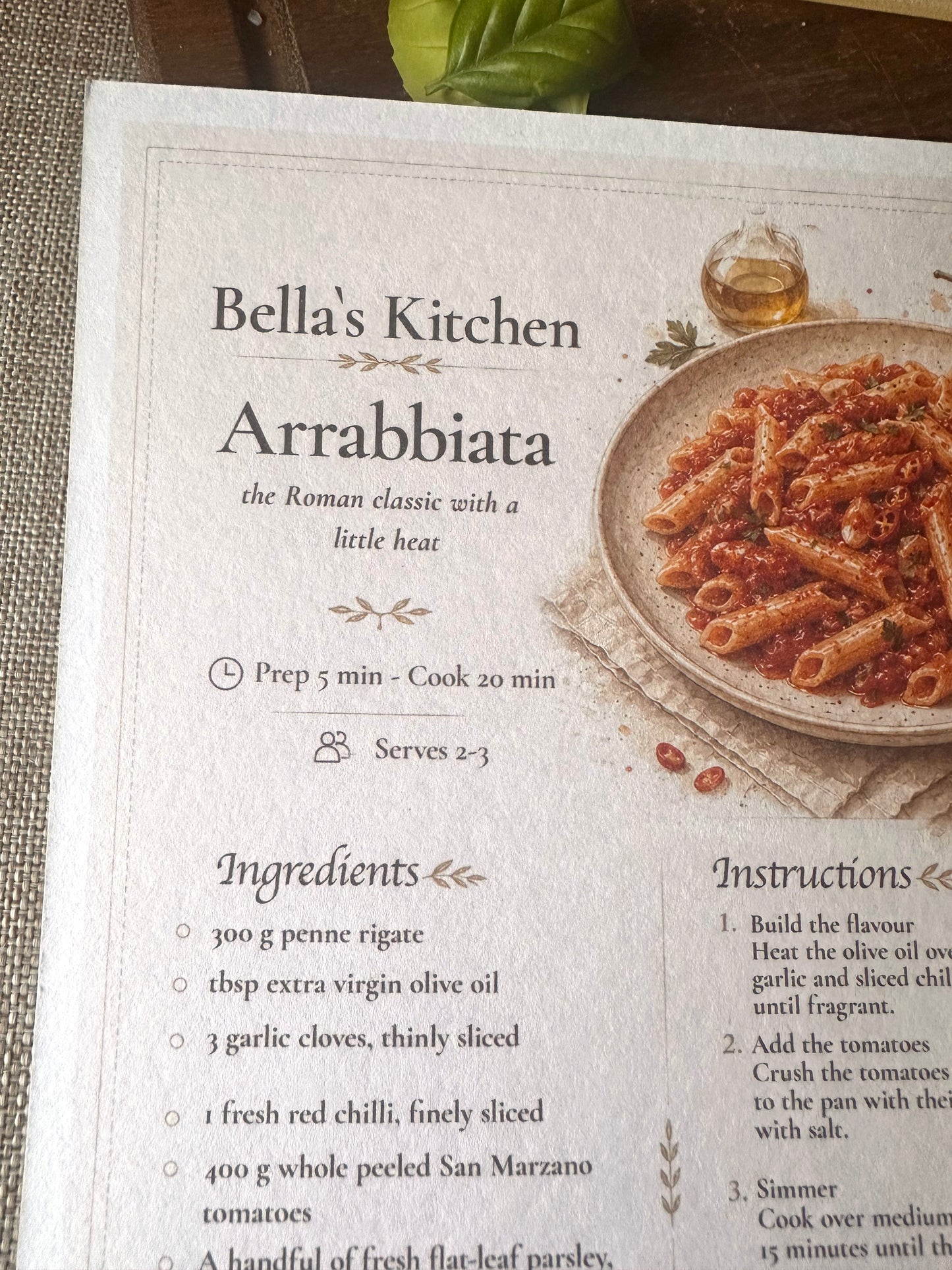 Pasta Arrabbiata Recipe Card A5 | Italian Pasta Recipe – Bella's Kitchen