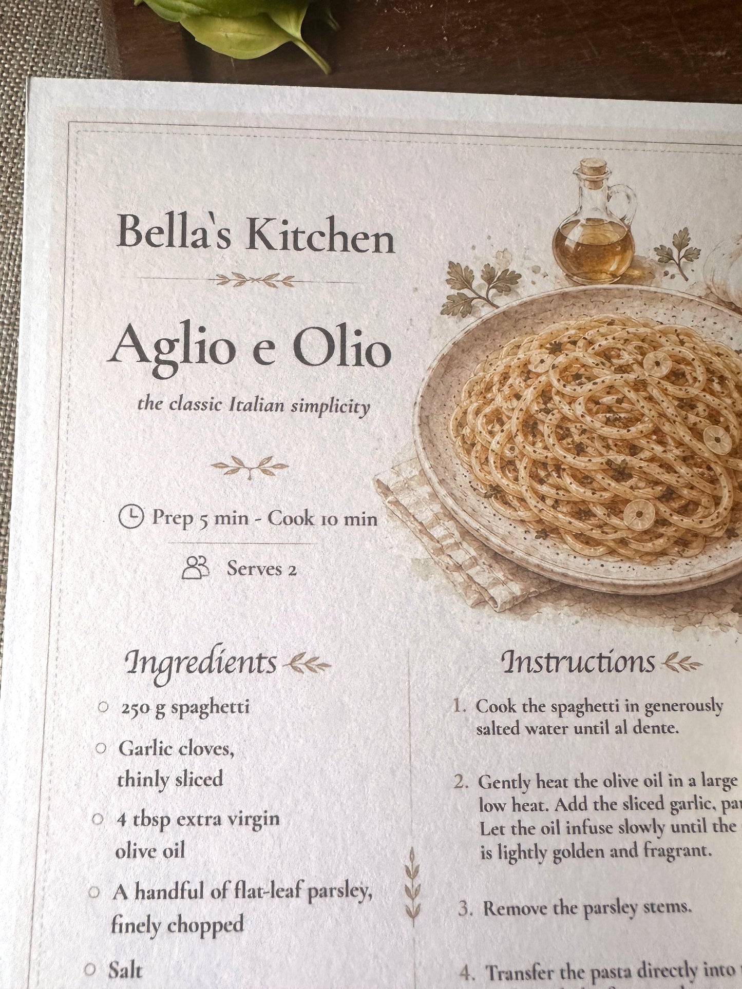 Spaghetti Aglio e Olio Recipe Card A5 | Italian Pasta Recipe – Bella's Kitchen