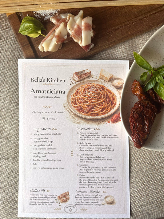 Pasta Amatriciana Recipe Card A5 | Italian Pasta Recipe – Bella's Kitchen