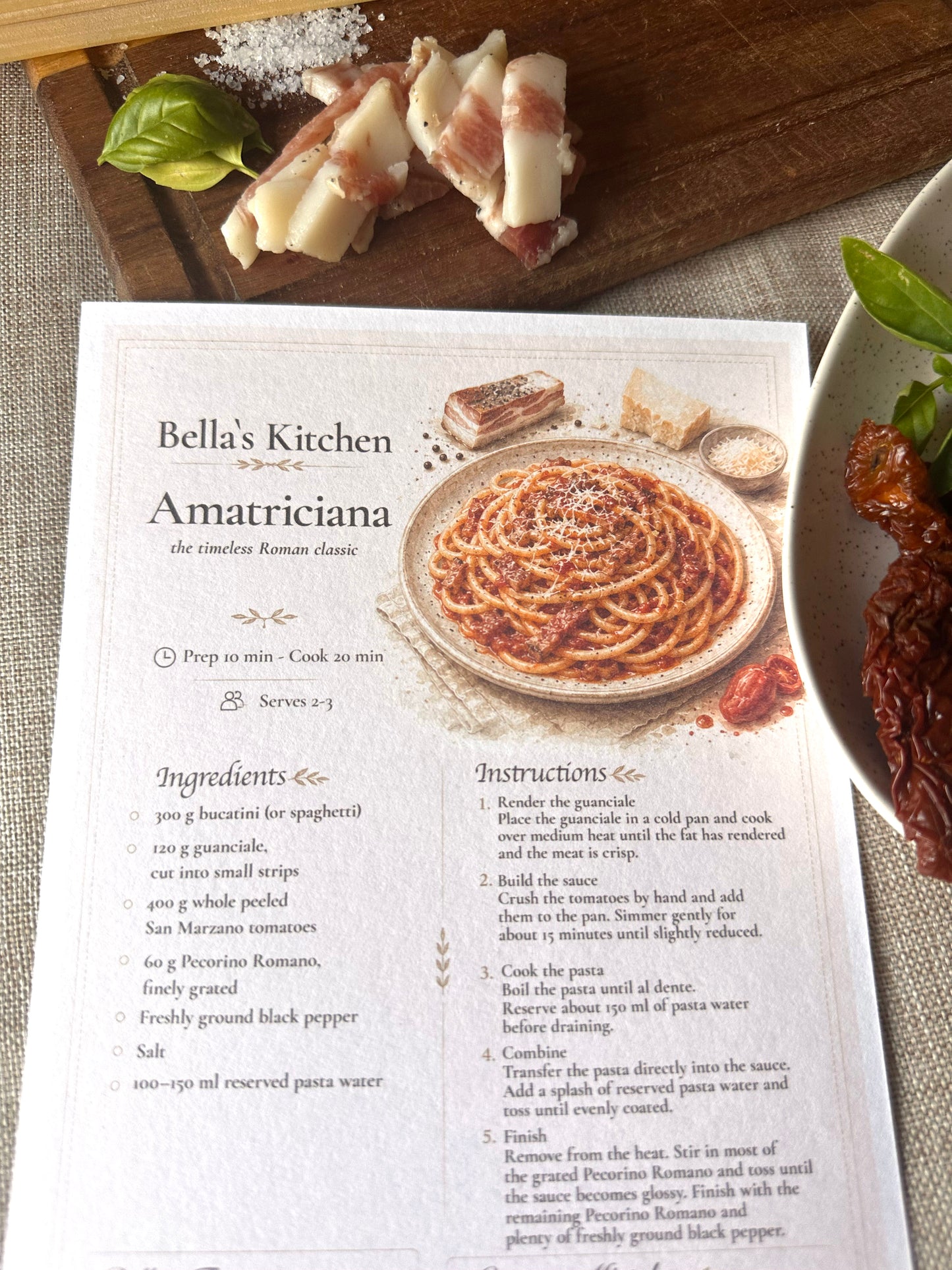 Pasta Amatriciana Recipe Card A5 | Italian Pasta Recipe – Bella's Kitchen