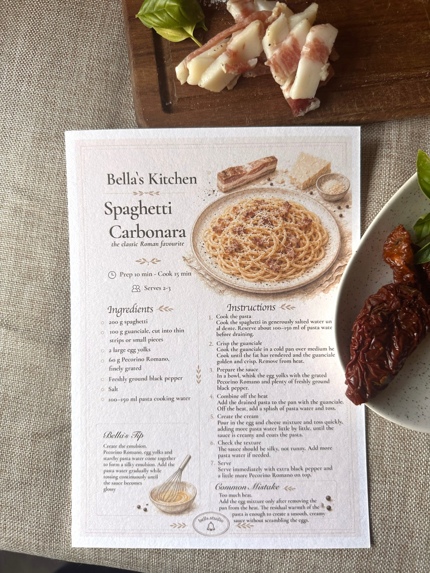 Spaghetti Carbonara Recipe Card A5 | Italian Pasta Recipe – Bella's Kitchen