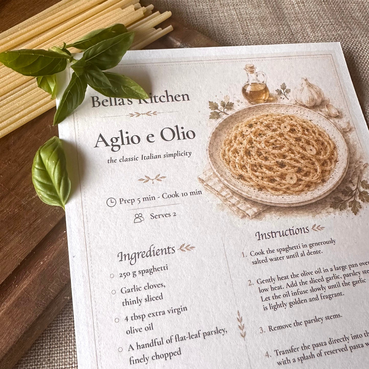 Spaghetti Aglio e Olio Recipe Card A5 | Italian Pasta Recipe – Bella's Kitchen