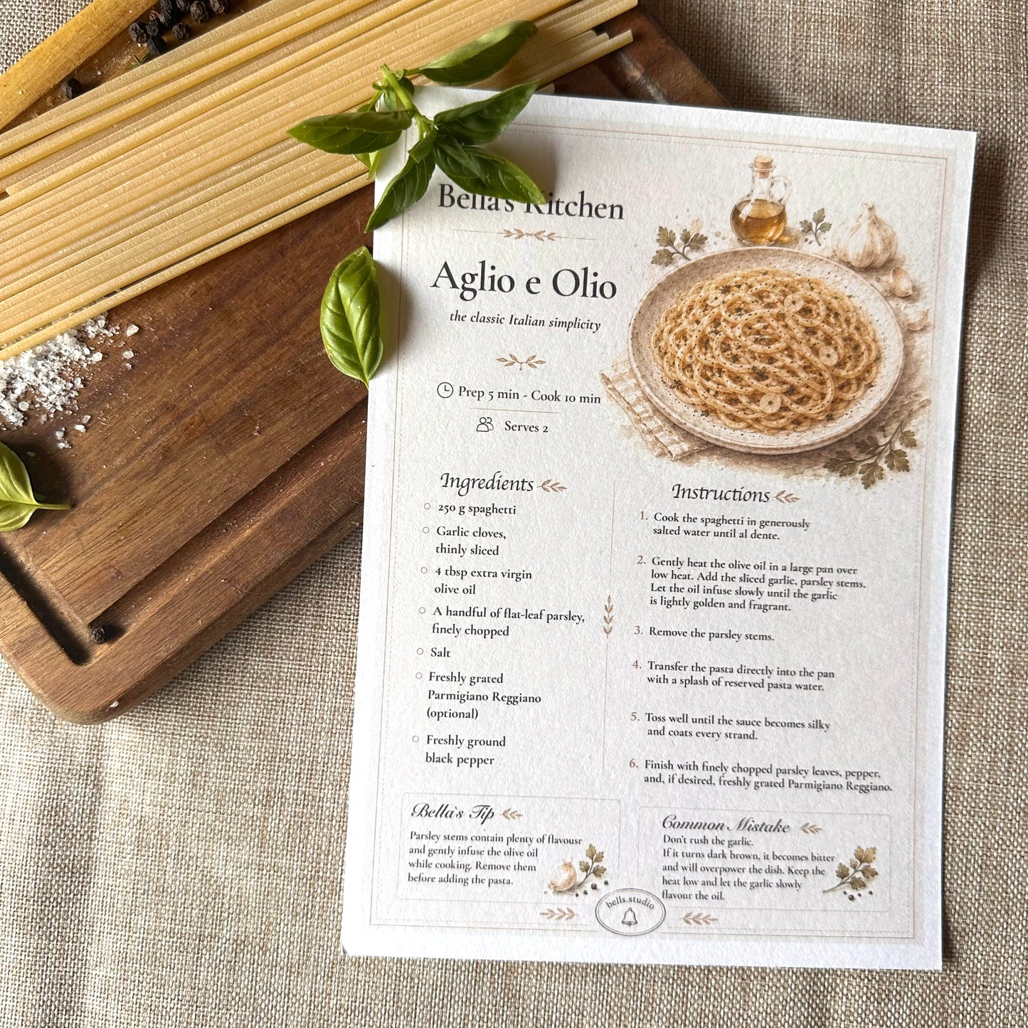 Spaghetti Aglio e Olio Recipe Card A5 | Italian Pasta Recipe – Bella's Kitchen