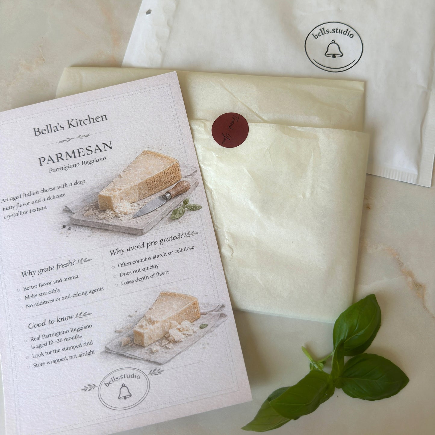 Parmigiano Reggiano reference card on kitchen counter