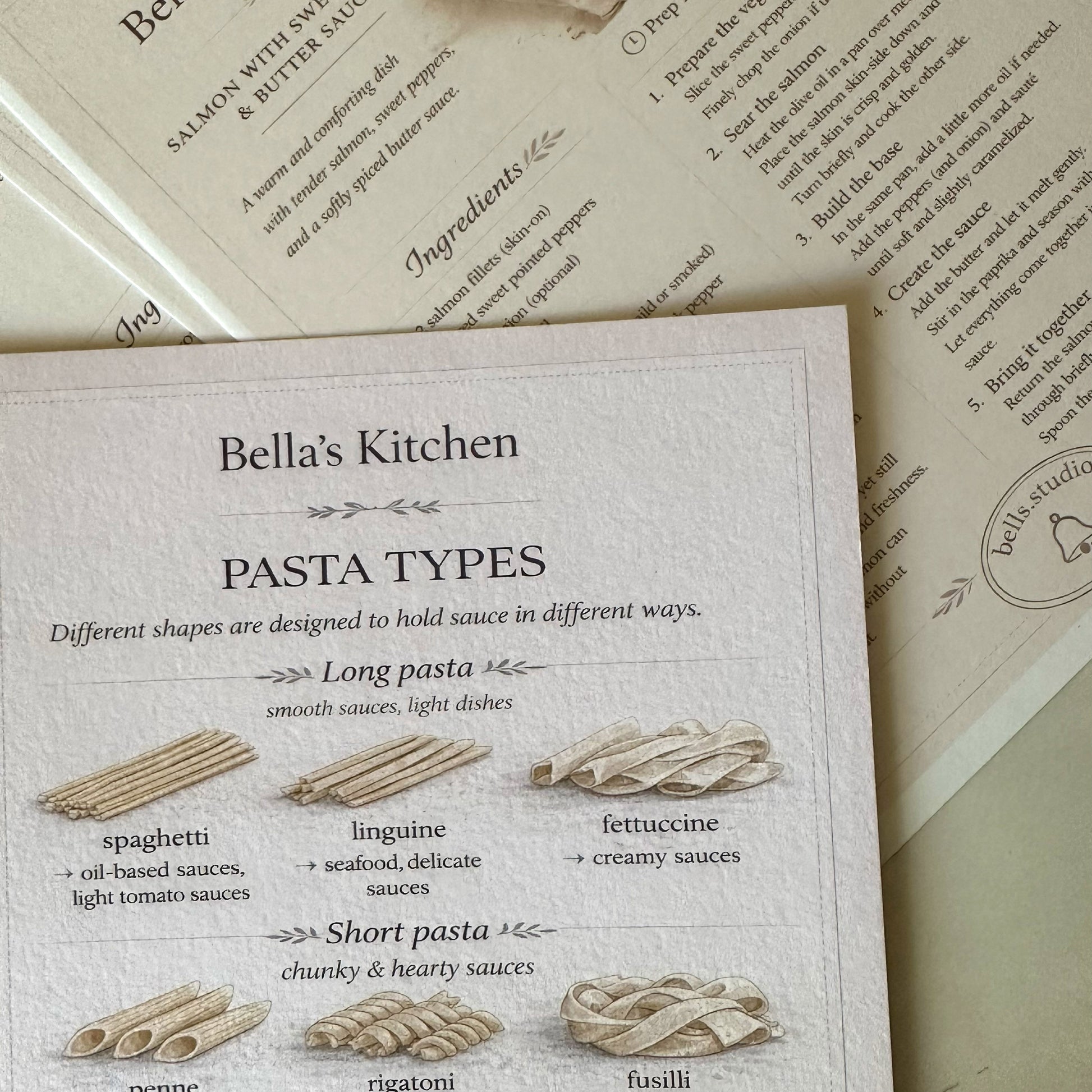 Pasta shapes reference card with sauce pairing examples