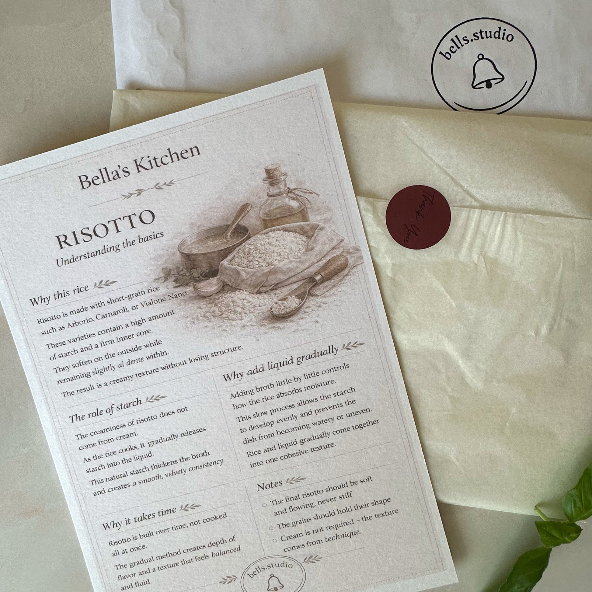 Risotto cooking guide A5 card with technique steps