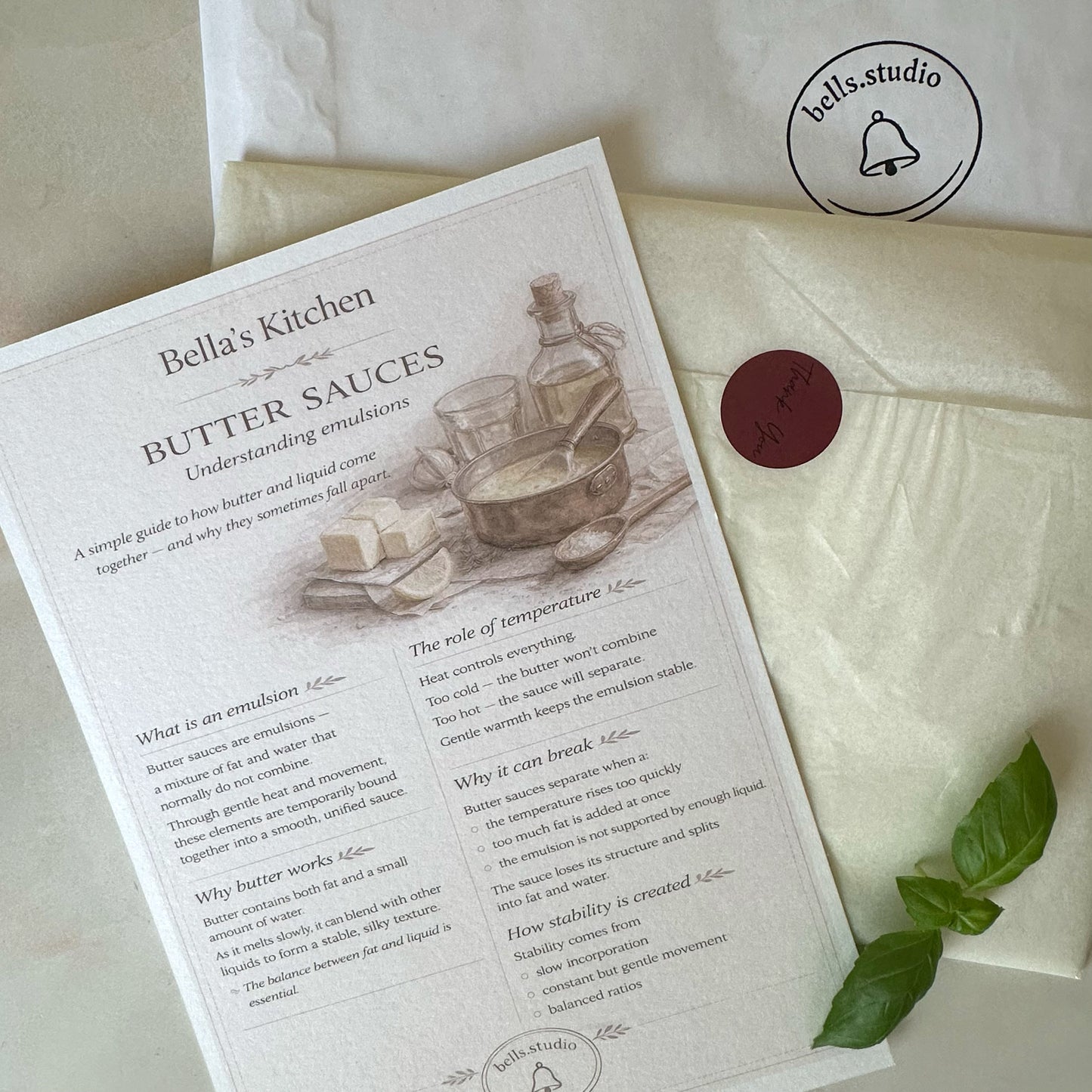 Butter sauce cooking guide A5 card with ingredients and technique
