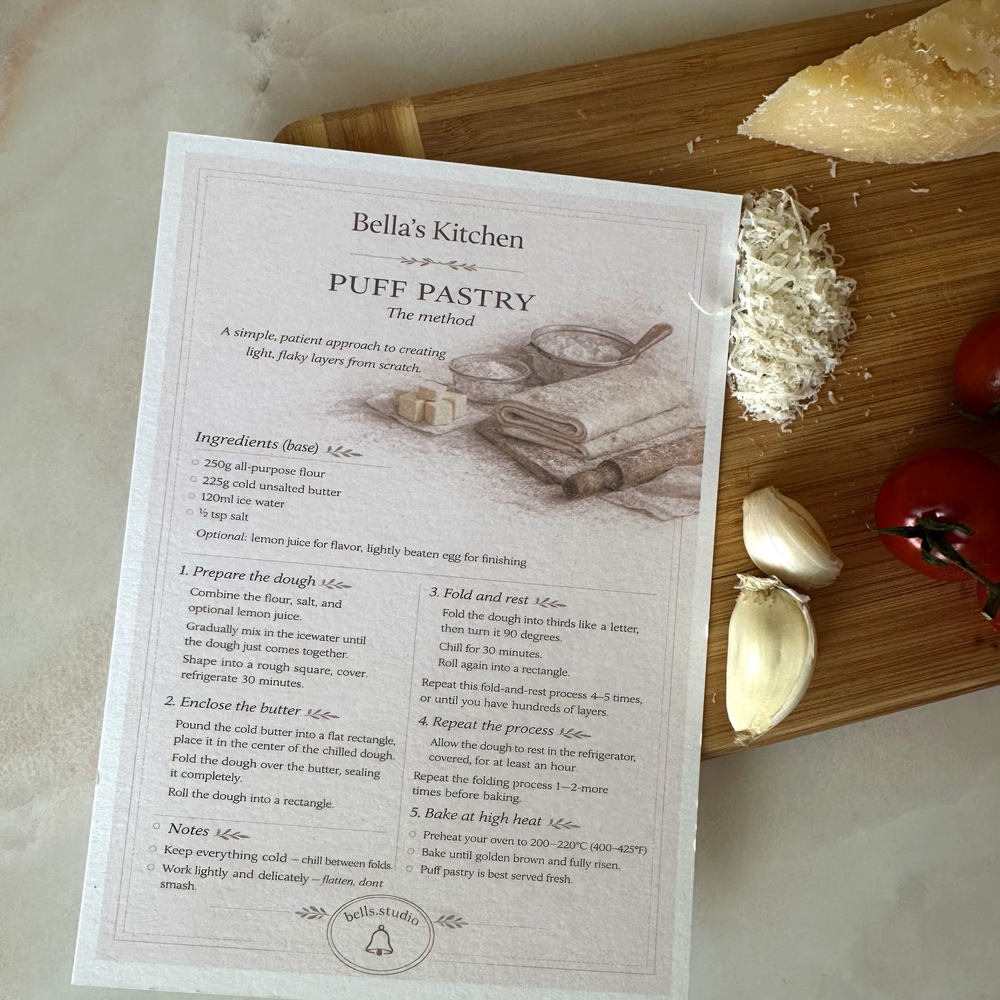 Bella's Kitchen puff pastry recipe card on a wooden cutting board with ingredients.