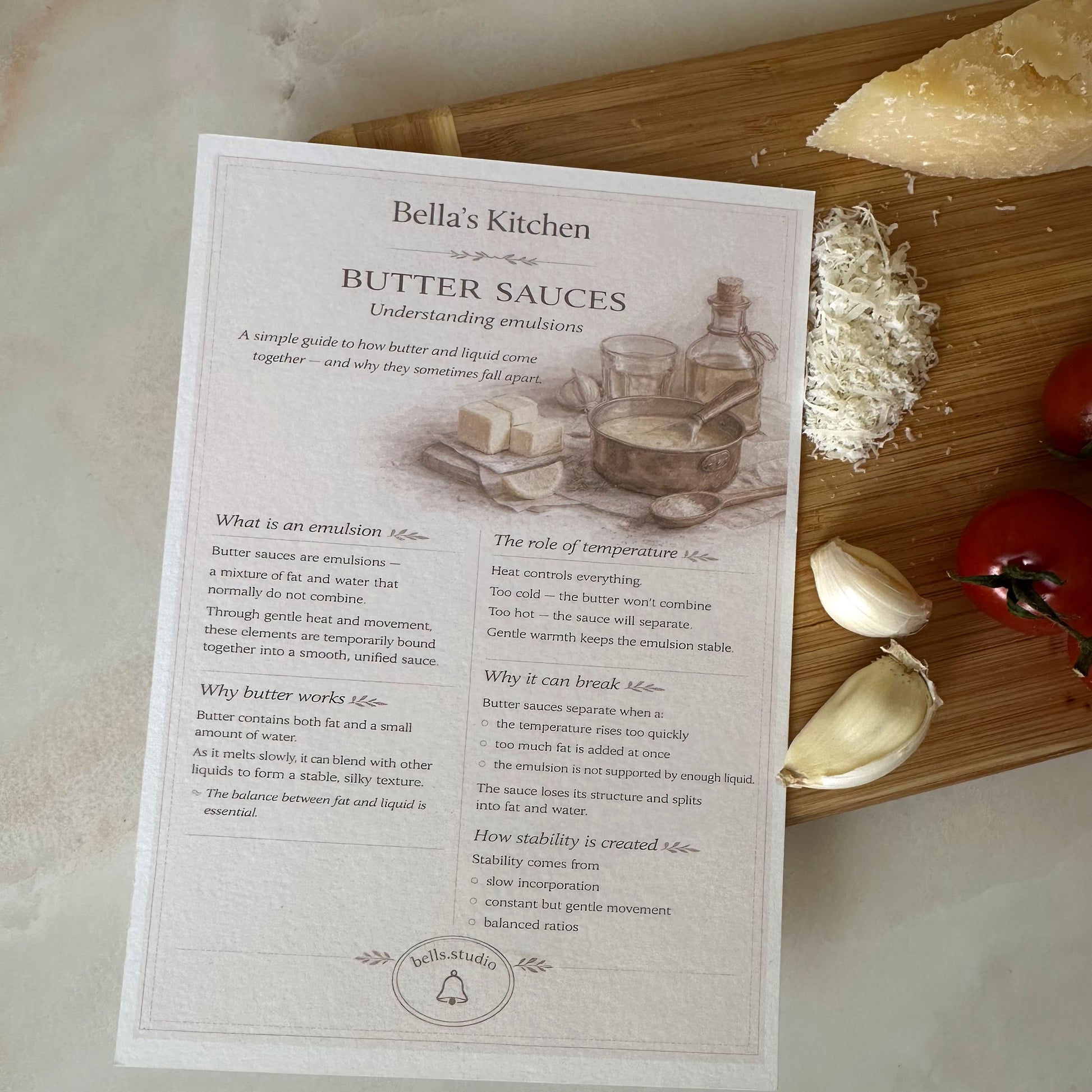 Butter sauce cooking guide A5 card with ingredients and technique