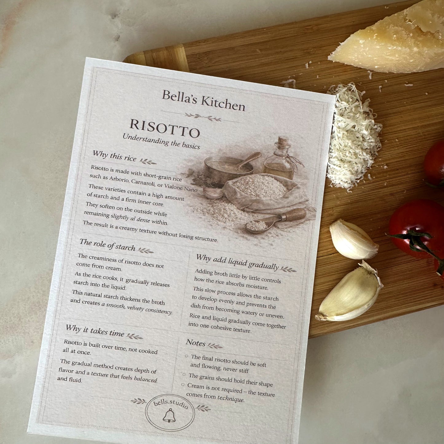 Risotto cooking guide A5 card with technique steps