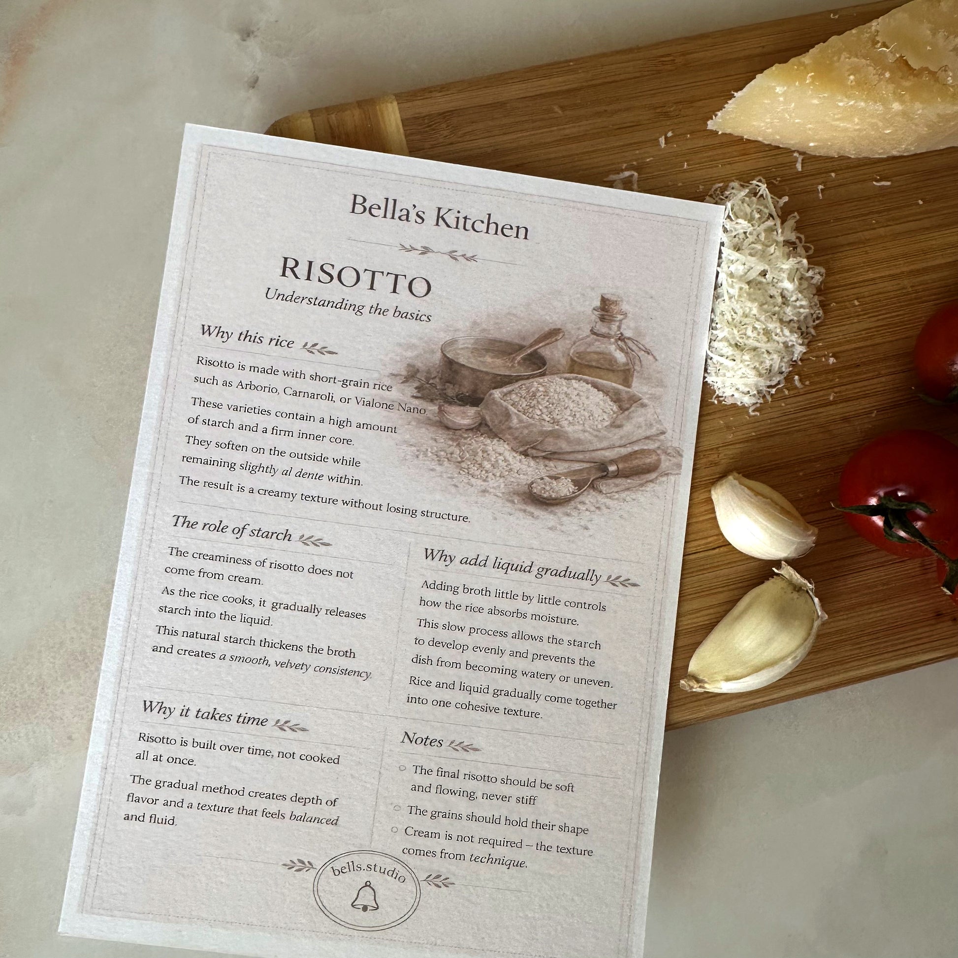 Risotto cooking guide A5 card with technique steps