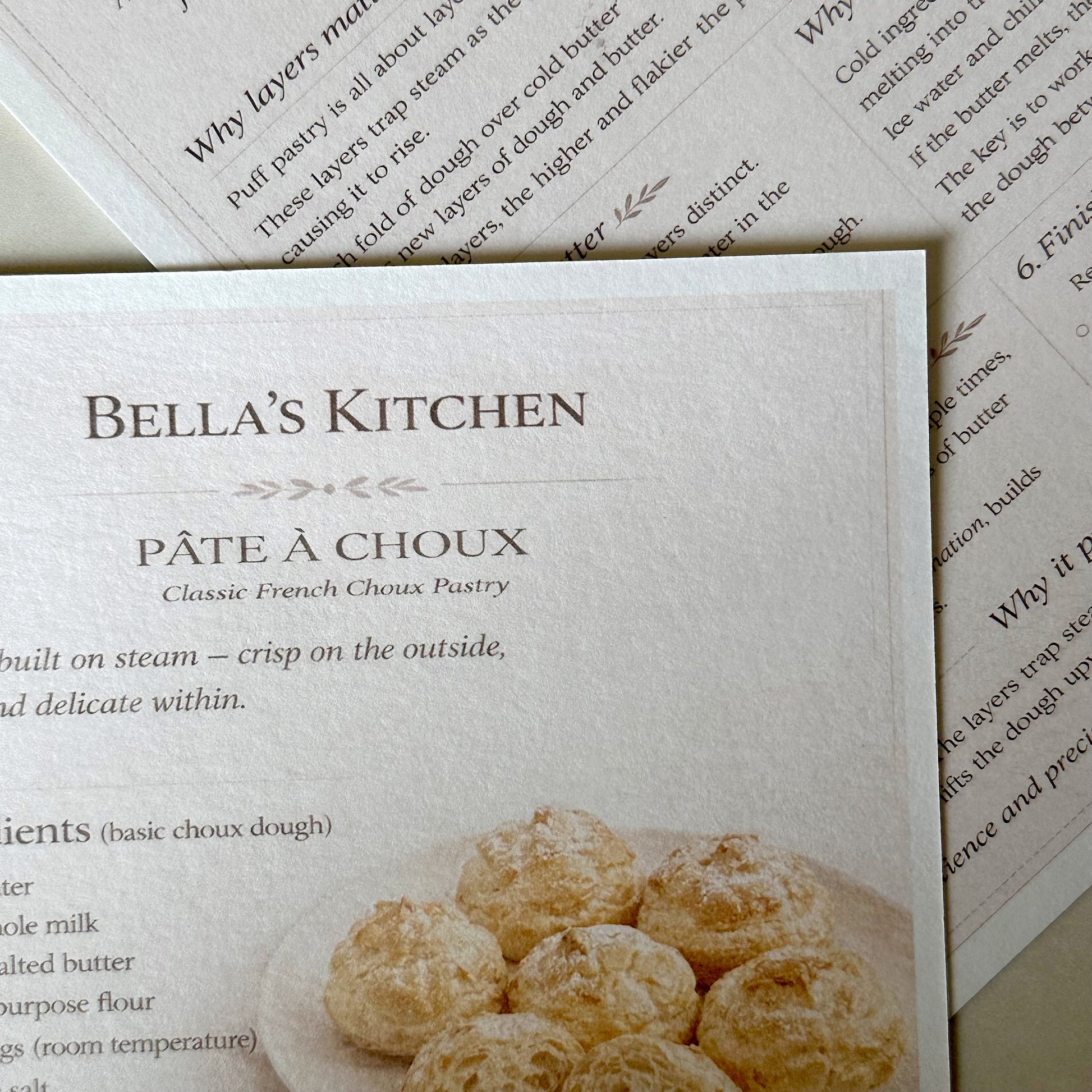 Close-up of Pâte à Choux Kitchen Card showing ingredients and technique steps