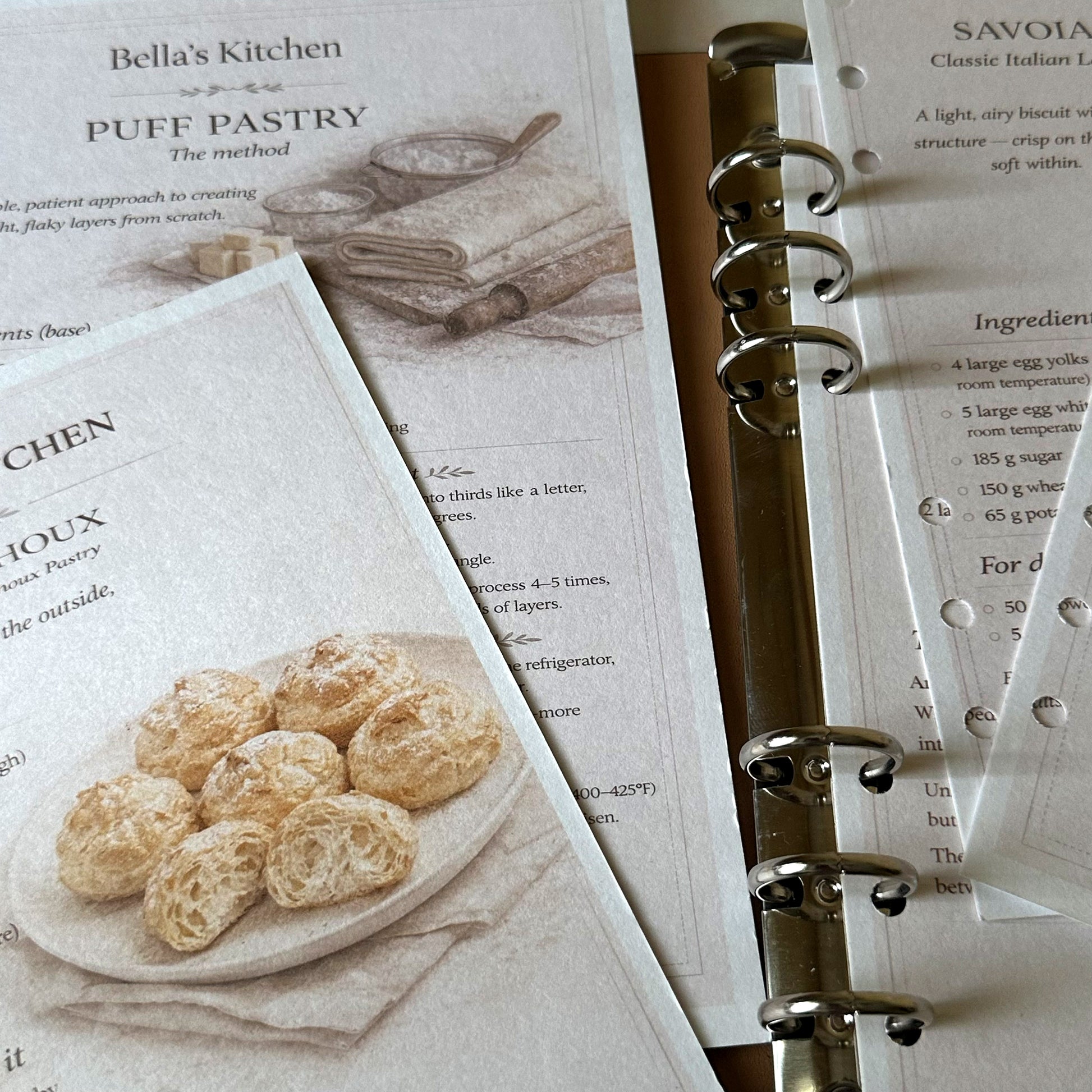 Selection of baking cards from Bella's Kitchen Bakery Starter Set including Puff Pastry and Pâte à Choux