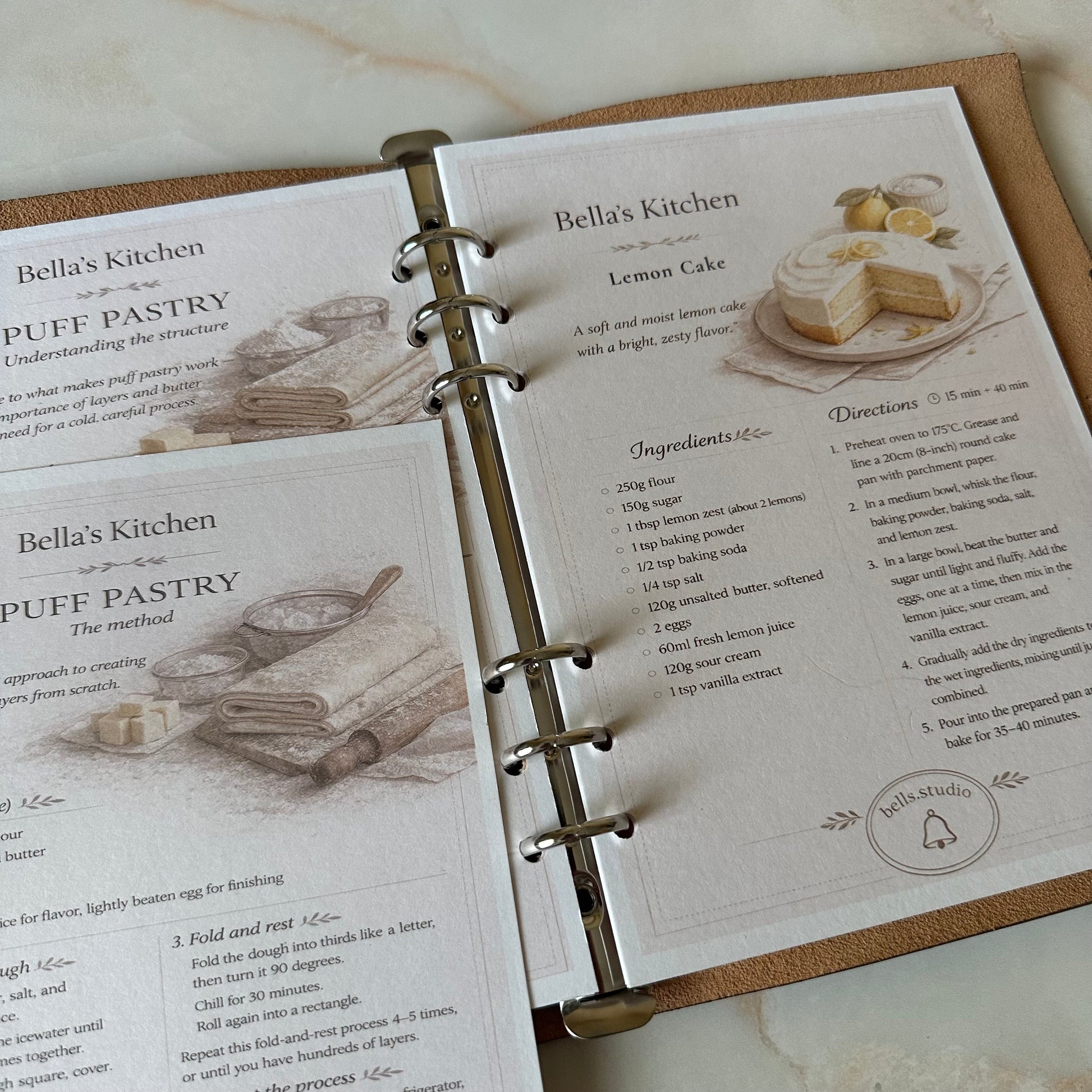 Bella's Kitchen Leather Binder styled on kitchen counter with recipe cards