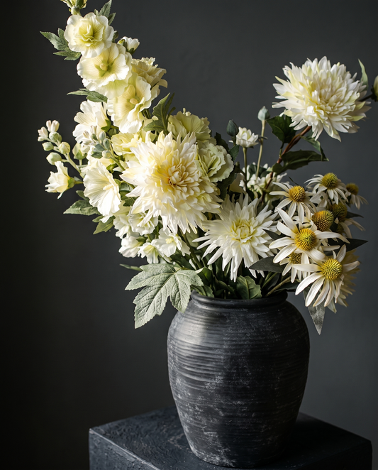 Garden Balance – Dahlia and Hollyhock silk flower arrangement in matte black vase