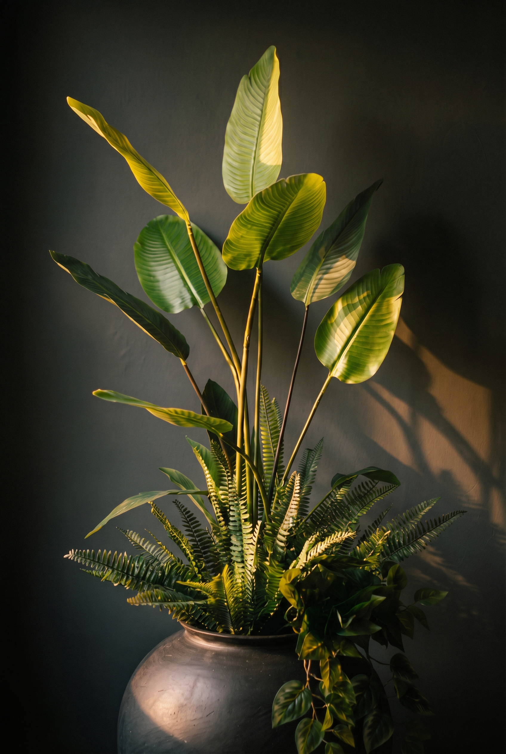 Study in Light No. 2 – Sculptural Strelitzia silk flower arrangement with ferns in matte black vase