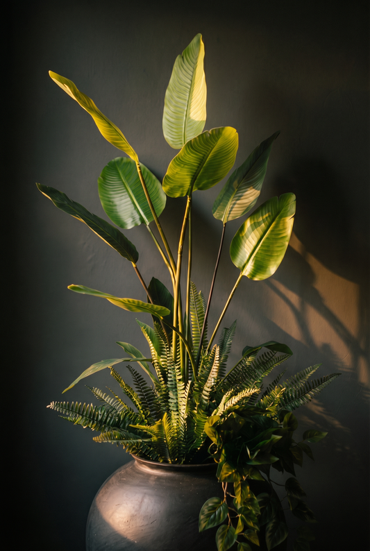 Study in Light No. 2 – Sculptural Strelitzia silk flower arrangement with ferns in matte black vase