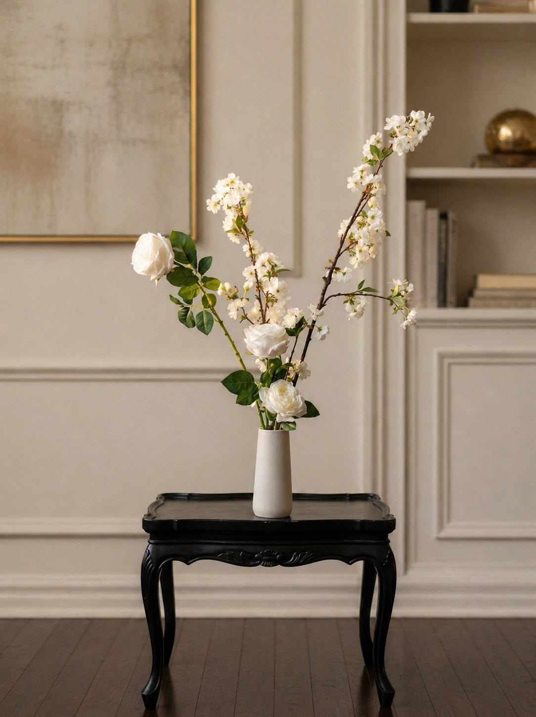 Silk flower arrangement styled in modern living room
