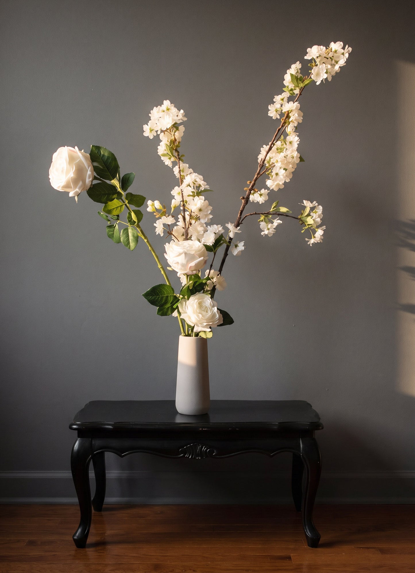 Study in Light No. 1 – Elegant white roses silk flower arrangement with vase in minimalist interior